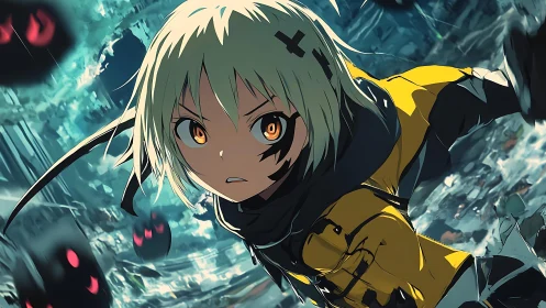 Brave anime hero dashes through a storm of shadow spirits.