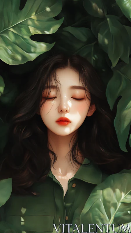 Serene woman resting in lush tropical foliage portrait.