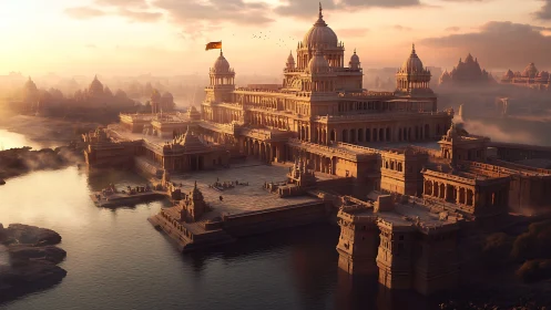 Sunlit river palace complex in monumental digital painting.