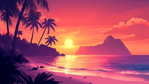 Digital painting of tropical sunset shoreline in violet light.