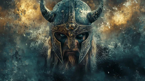 Armored Viking warrior emerges through turbulent particle storm
