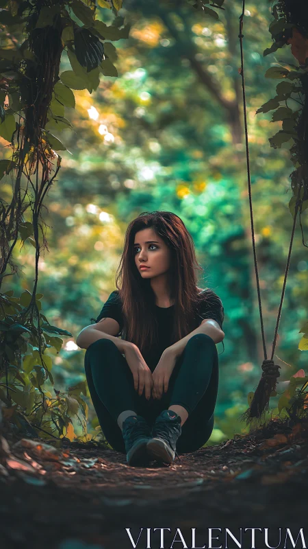 Pensive young woman sits beneath lush forest canopy.
