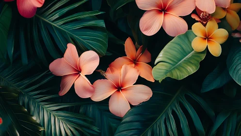 Tropical Hibiscus Blooms Against Deep Botanical Foliage Backdrop
