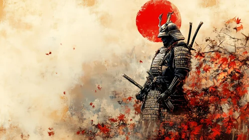 Armored samurai silhouette under red sun amid dynamic maple foliage