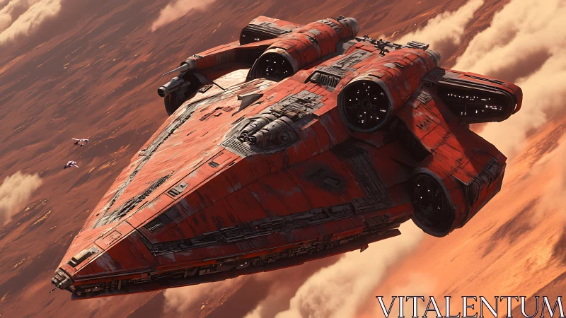Red heavy starship crosses turbulent orange cloudscape