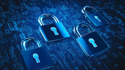 Four chrome padlocks secure glowing digital circuit grid.