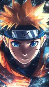 Close frontal anime portrait of spiky-haired ninja figure.