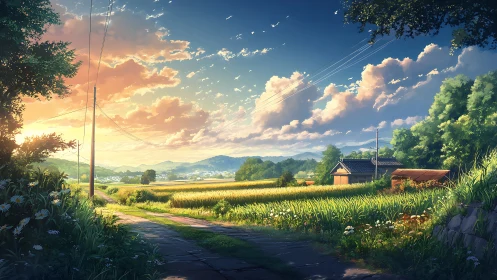 Sunlit rural lane winds through golden fields at sunset.