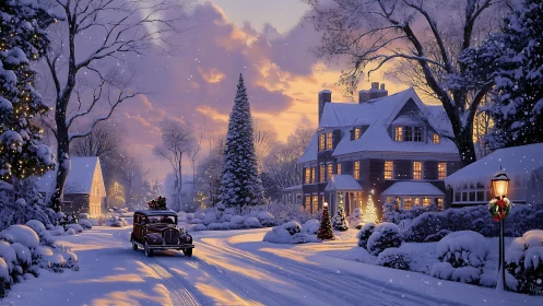Snow-covered suburban street with vintage car at winter dusk