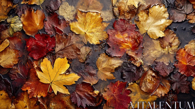 High-saturation macro of wet autumn maple leaves in puddle