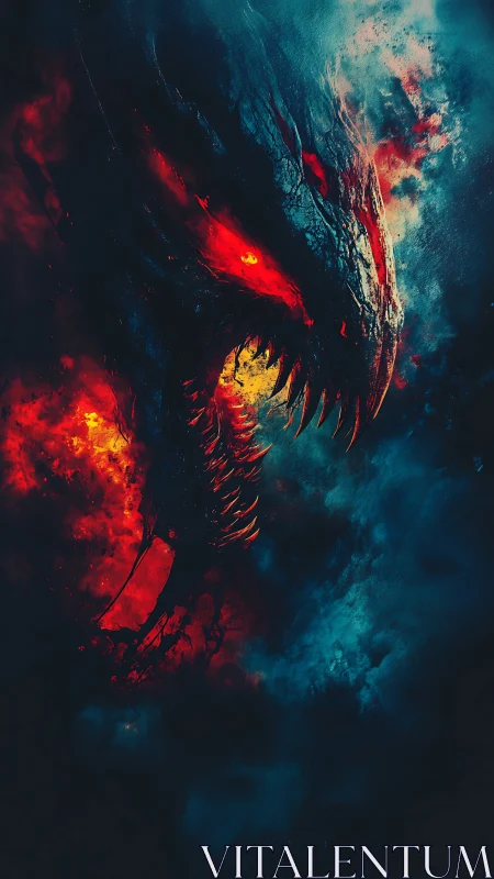 Fiery dragon spirit rises from shadows in swirling stormlight