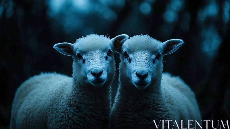 Moonlit twin lambs plotting quiet mischief in blue hush.