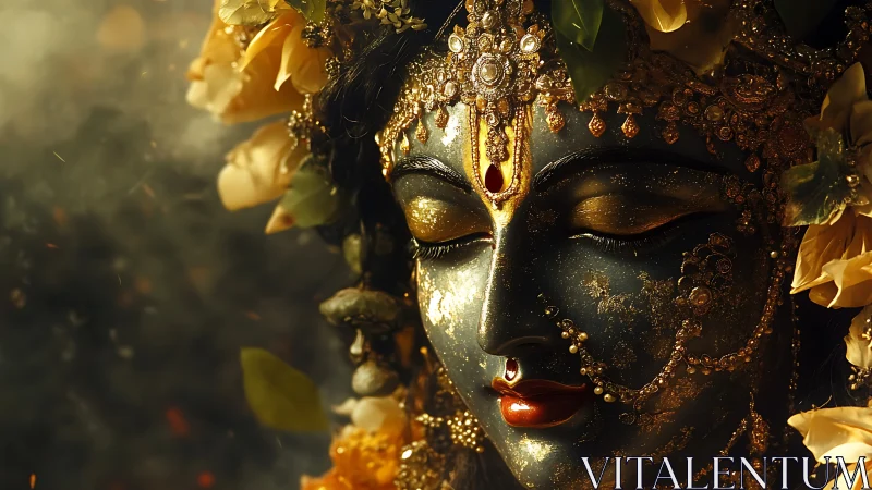 Ornate dark-toned deity face sculpture with floral adornment.
