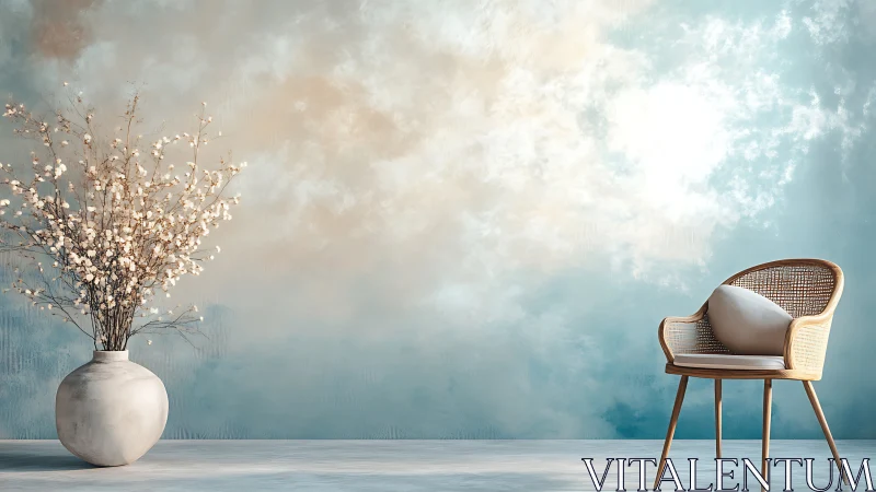 Chair and vase are positioned against a soft gradient wall