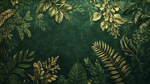 Emerald botanical frame with gold-accented tropical foliage.