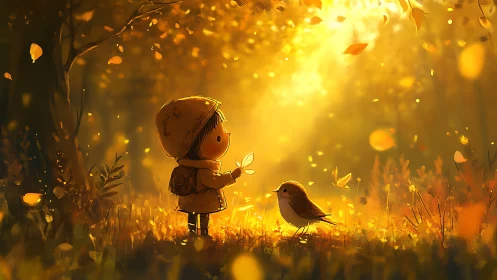 Child meets songbird under glowing autumn forest light.