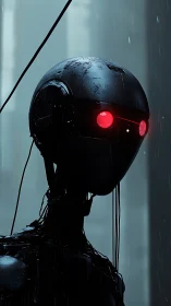 Rain-soaked android with glowing red eyes observes silently