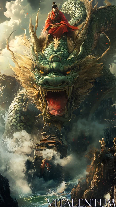 Rider on serpentine dragon dominates storm-lashed coastal fortress