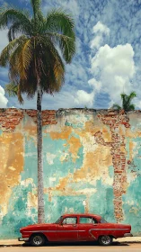 Weathered stucco wall frames vintage red sedan and tall palm