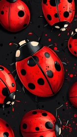 Bold digital ladybug pattern on dark splattered ground.