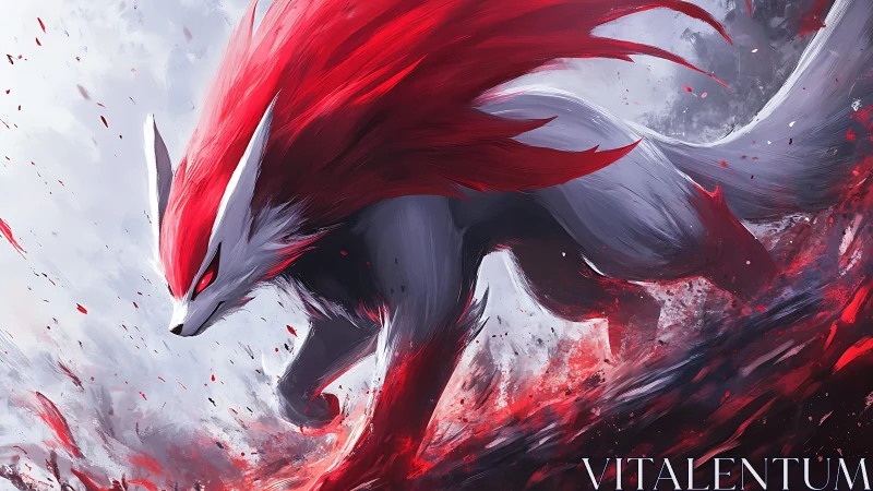 Ferocious red-maned wolf lunges through swirling crimson storm