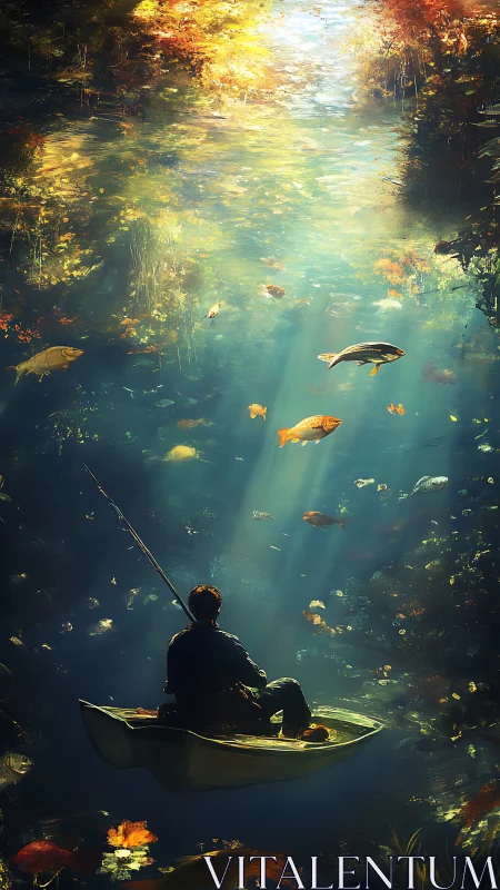 Solitary fisherman in small boat under glowing forest water.