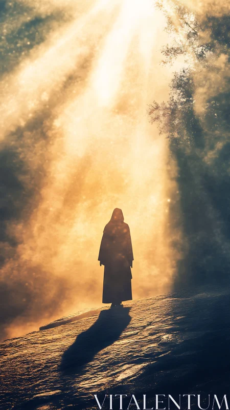 Silhouetted wanderer stands beneath radiant heavenly light.
