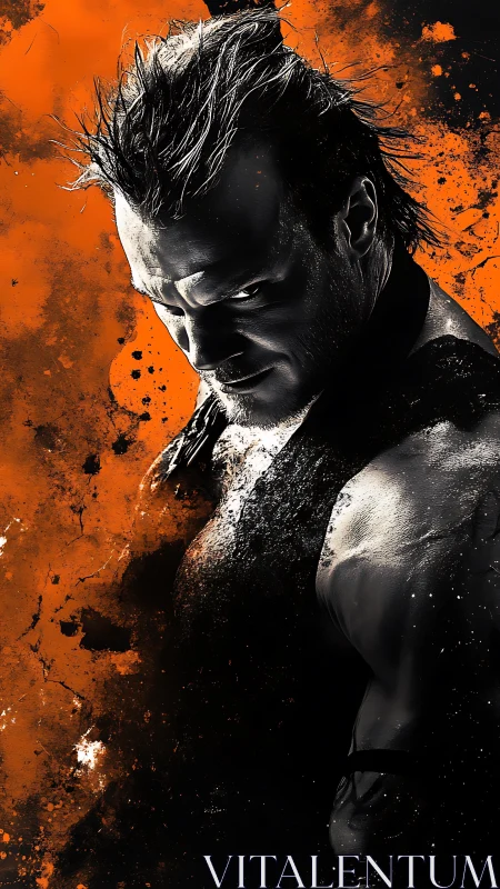 Male figure rendered in monochrome against orange splatter