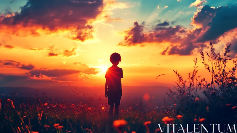 Silhouette of child in wildflower field at vivid sunset.