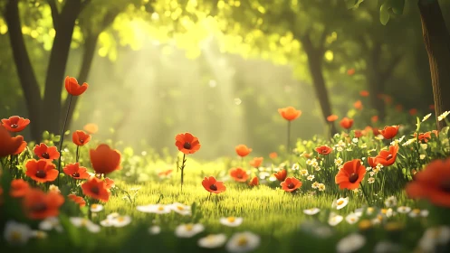 Sunlit Forest Meadow with Vibrant Red Poppies.