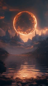 Molten eclipse sphere over jagged alien lakeshore at dusk.