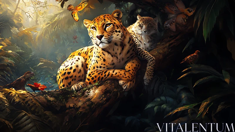 Spotted Big Cats Perch Together in a Lush Jungle.