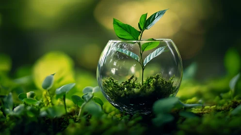 Young plant in glass terrarium, lush green nature, soft light, macro style.