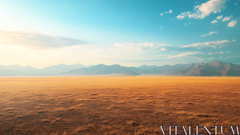 Golden steppe plain meets distant blue mountain ridge at dawn