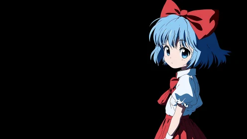 Blue‑haired anime girl with oversized red bow on black field.