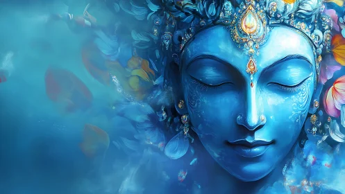 Serene blue deity portrait with jeweled crown and petals.