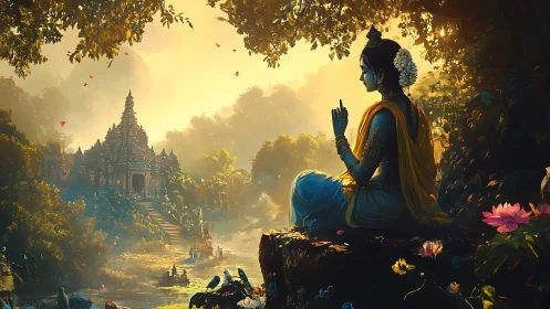 Divine blue deity meditates before ornate riverside temple at dawn