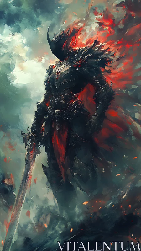 Armored figure with flaming mantle in atmospheric field.