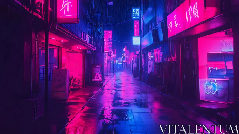 Neon rain alley glowing with electric late night quiet.