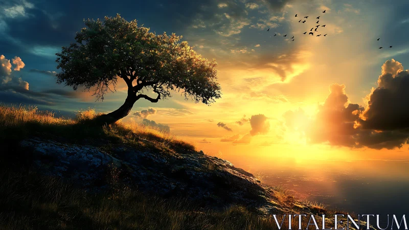 Lone hillside tree overlooks radiant sunset above valley