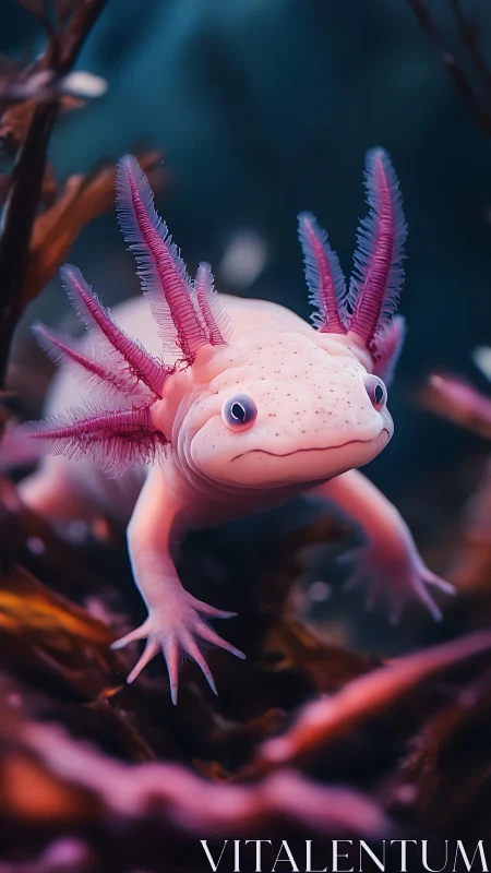 Pink axolotl swims underwater with vivid external gills