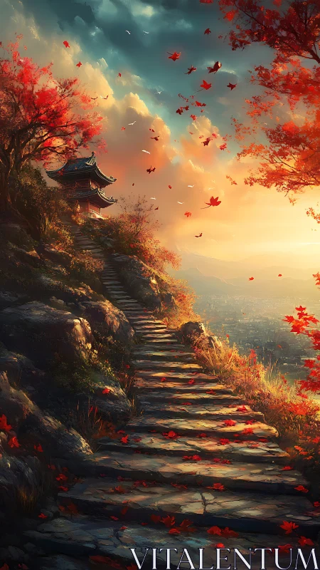 Stone steps to a mountain shrine under blazing autumn sky.