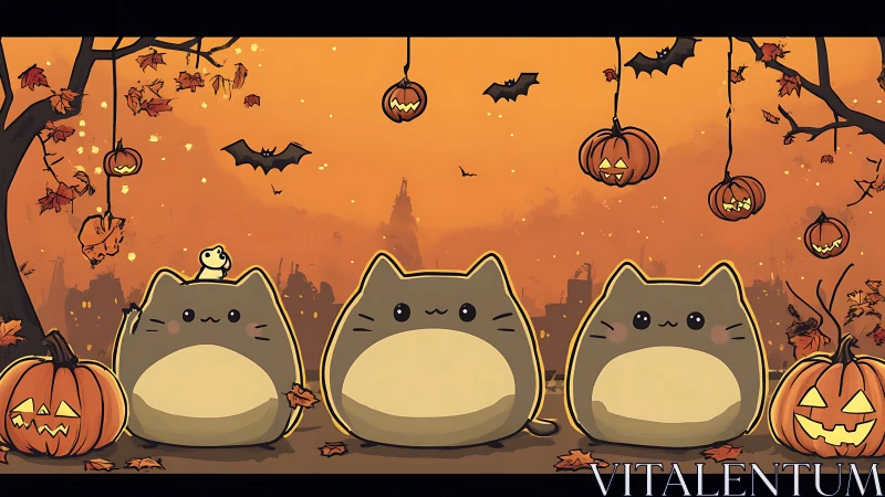 Three Anthropomorphic Cats in Halloween Scene with Pumpkins and Bats