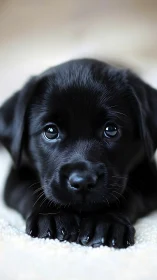 Soft-focus portrait of glossy-eyed black labrador puppy.