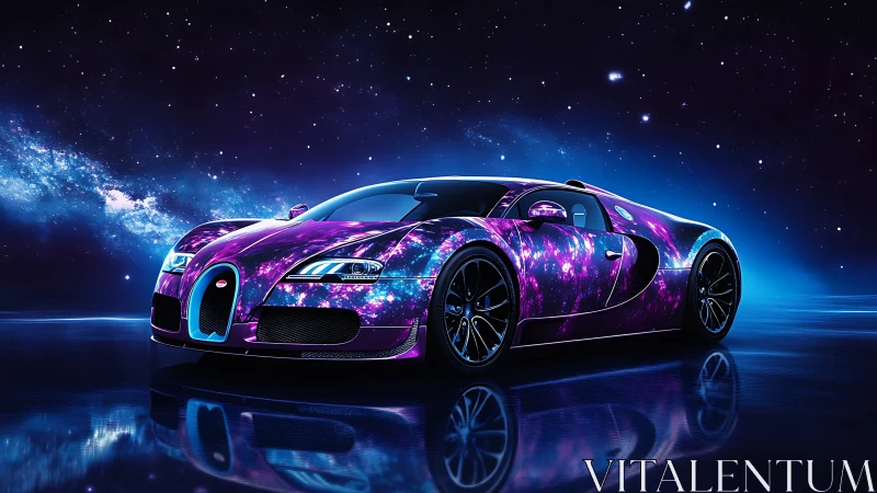 Sports car with galaxy livery on reflective surface at night.