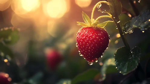 Sunlit strawberry glistening with fresh morning dewdrops.