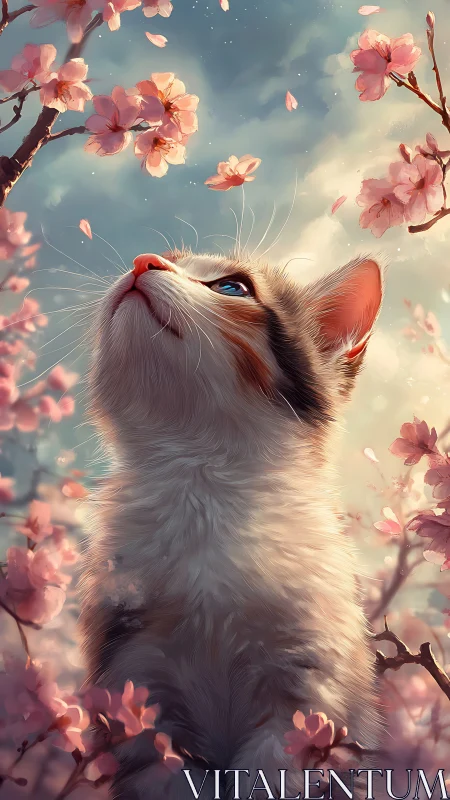 Cat Gazes Upward Through Cherry Blossoms