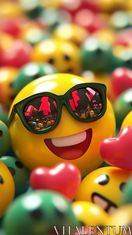 Cool emoji king beams through a carnival of glossy hearts.