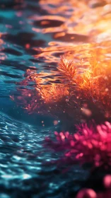 Glowing underwater corals dance in shimmering sunset light