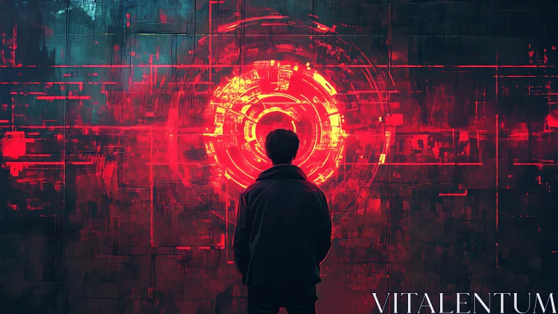 Lone figure facing red digital target interface wall.